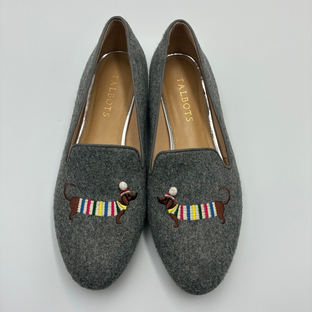 Talbots Ryan Novelty Grey Dachshund Embroidered Loafers Flats Silver Heel 7N